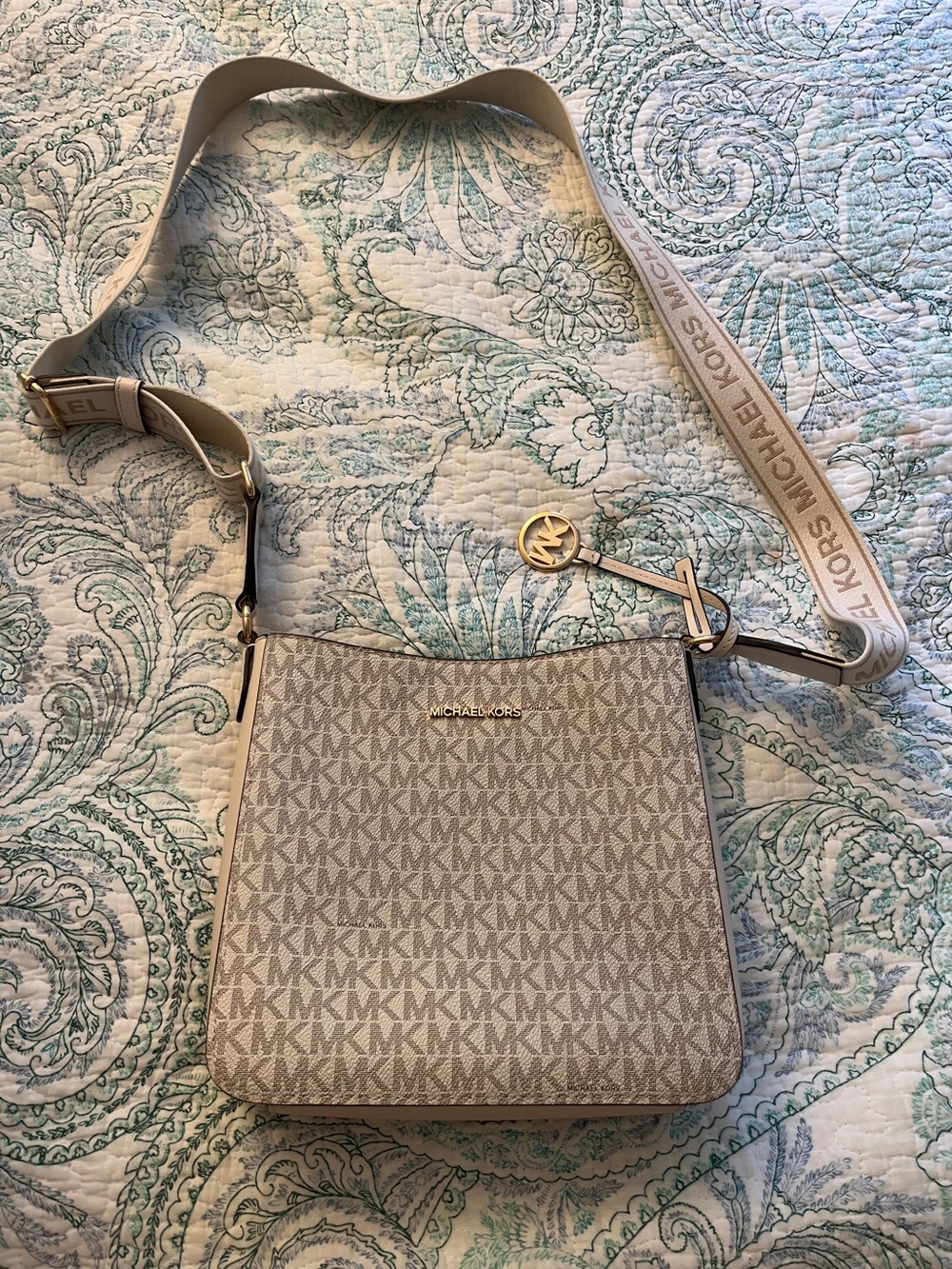Michael Kors Cream Signature MK Crossbody with Logo Strap
